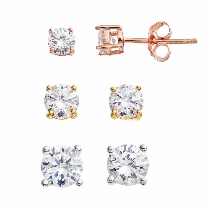 Primrose Tri Tone Sterling Silver Cubic Zirconia Stud Earring Set, Women's, Grey