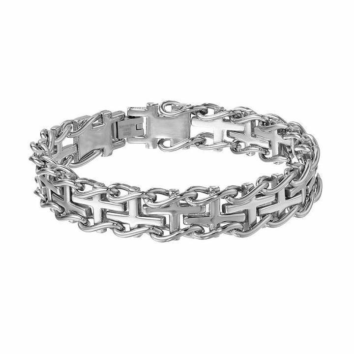 Lynx Stainless Steel Sideways Cross Railroad Bracelet - Men, Size: 9, Grey