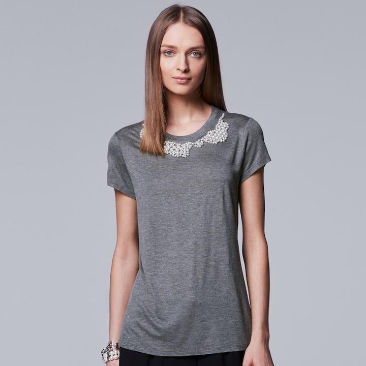 Women's Simply Vera Vera Wang Embellished Applique Tee, Size: Large, Med Grey