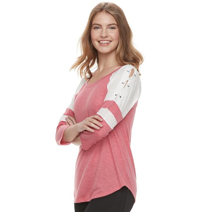 Juniors' So&reg; Lace-up Shoulder Baseball Tee, Teens, Size: Xl, Med Pink