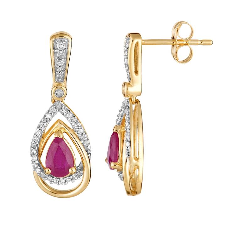 10k Gold Ruby & 1/4 Carat T.w. Diamond Drop Earrings, Women's, Red