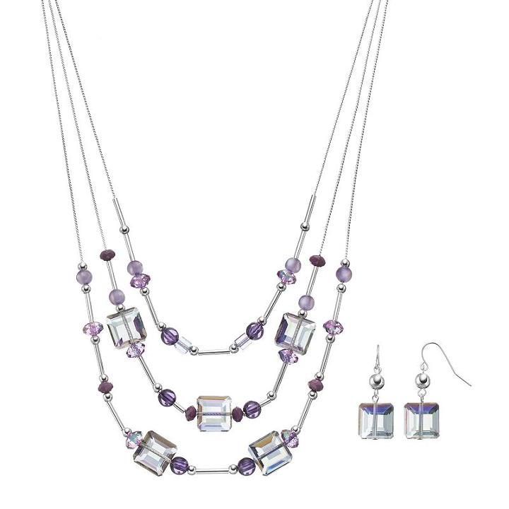 Purple Bead Layered Necklace & Drop Earring Set, Women's