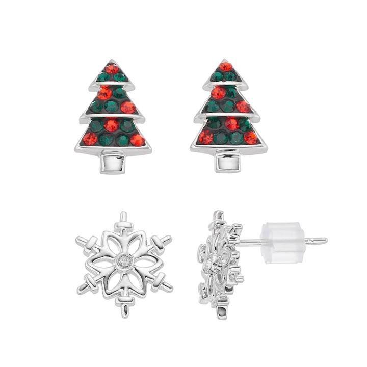 Silver Plated Crystal Snowflake & Christmas Tree Stud Earring Set, Women's, Green