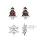 Silver Plated Crystal Snowflake & Christmas Tree Stud Earring Set, Women's, Green