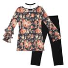 Girls 7-16 Iz Amy Byer Printed French Terry Triple Bell Sleeve Tunic & Leggings Set With Choker Necklace, Size: Large, Gray Floral