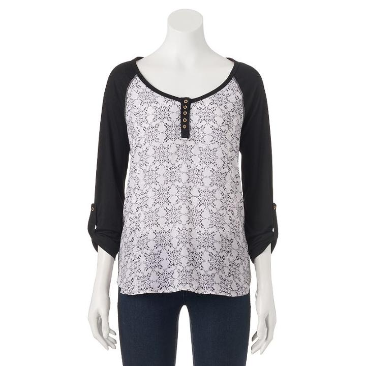 Rewind, Juniors' Raglan Henley, Girl's, Size: Large, Black