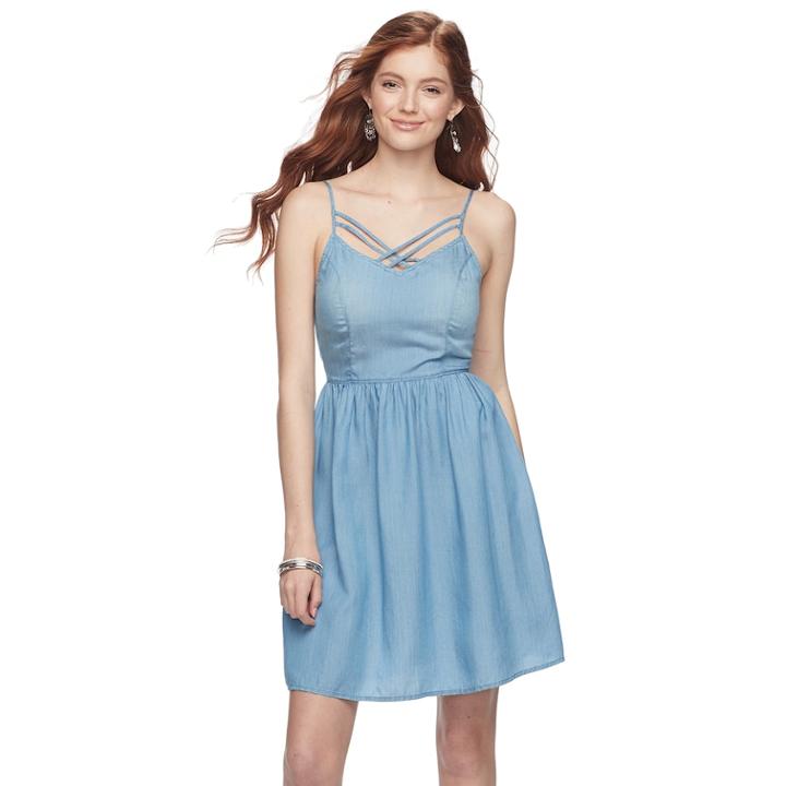 Juniors' So&reg; Criss-cross Chambray Skater Dress, Teens, Size: Xs, Med Blue