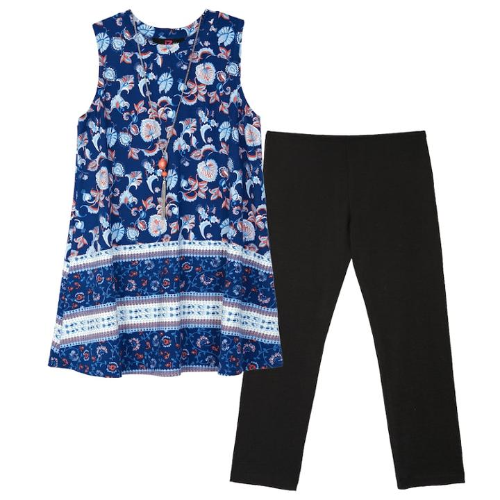 Girls 7-16 & Plus Size Iz Amy Byer Printed Tunic & Solid Leggings Set With Necklace, Size: M Plus, Navy Border