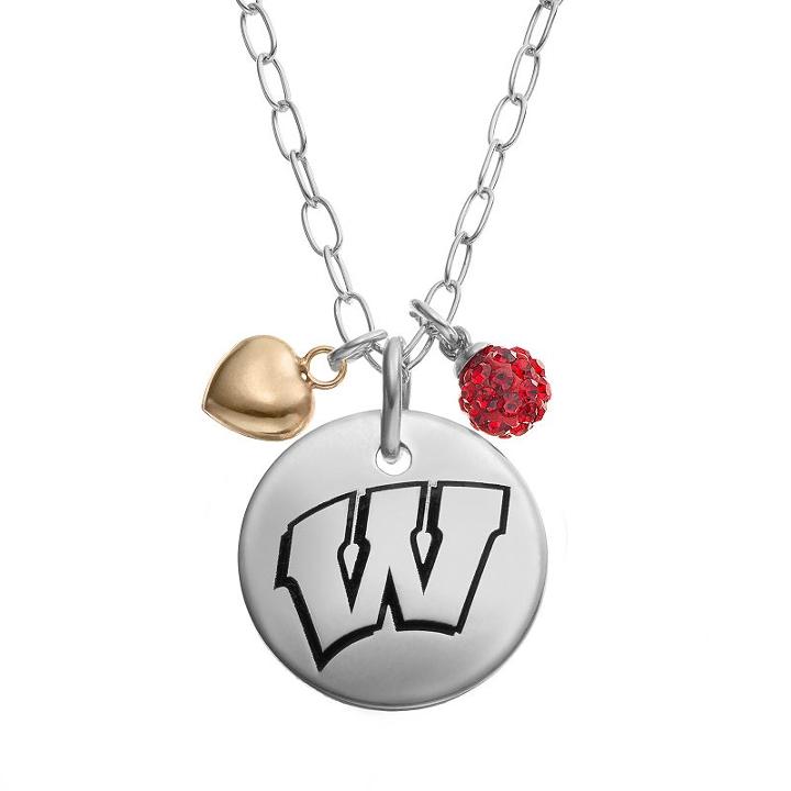 Fiora Crystal Sterling Silver Wisconsin Badgers Team Logo & Heart Pendant Necklace, Women's, Size: 16, Red