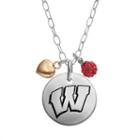 Fiora Crystal Sterling Silver Wisconsin Badgers Team Logo & Heart Pendant Necklace, Women's, Size: 16, Red