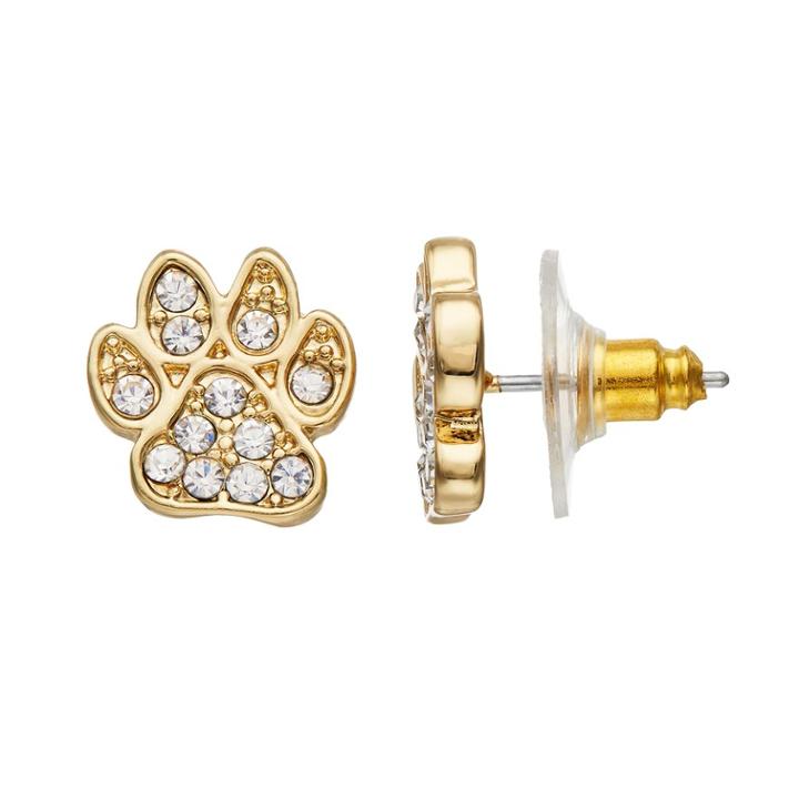 Simulated Crystal Paw Print Stud Earrings, Women's, Gold