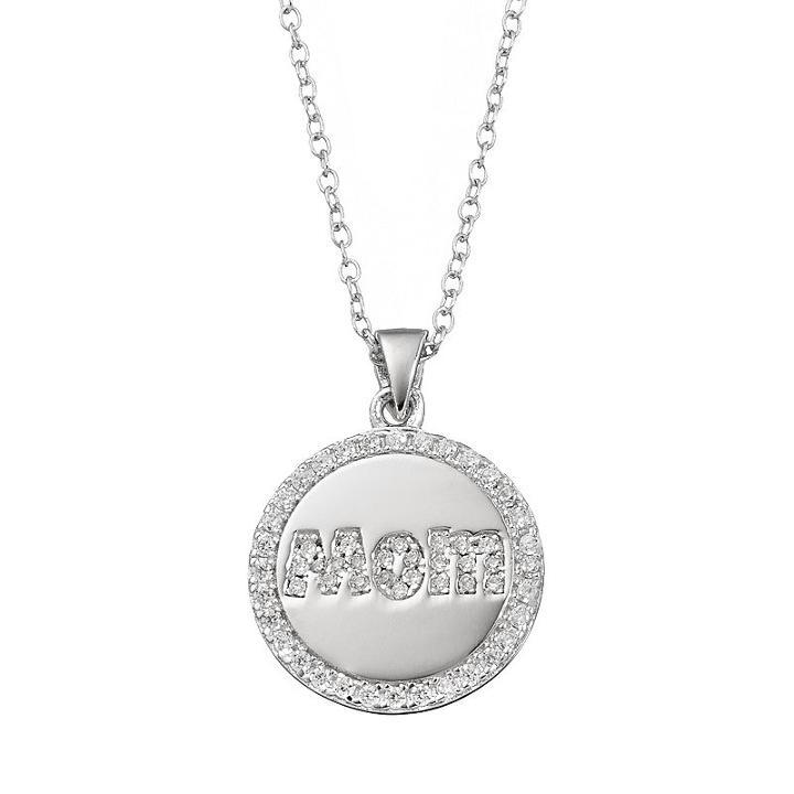 Qnotes Cubic Zirconia Sterling Silver Mom Disc Pendant Necklace, Women's, Size: 18, White