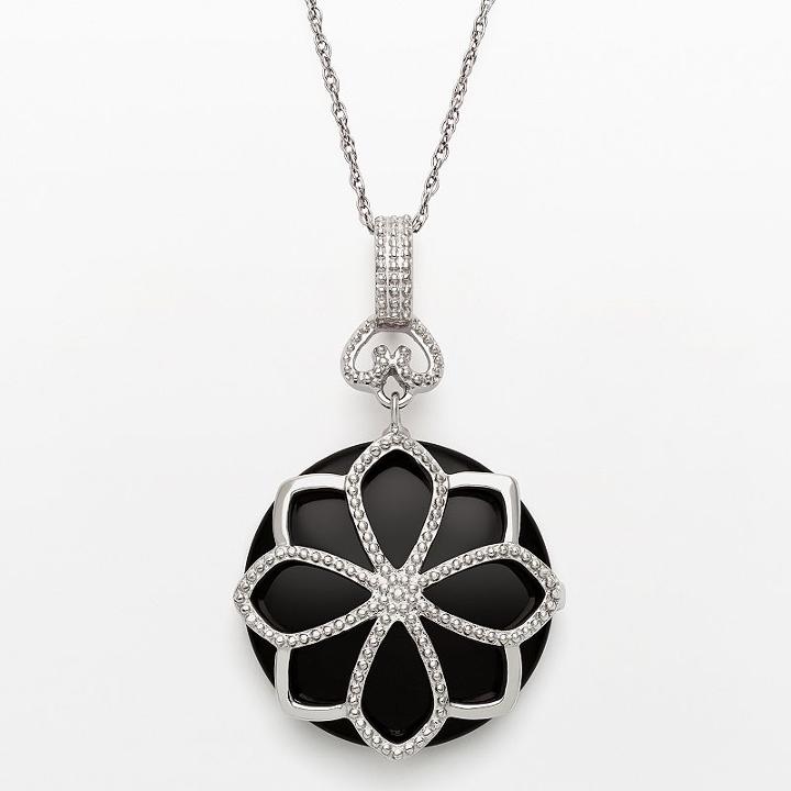 Sterling Silver Onyx Flower Pendant, Women's, Size: 18, Black