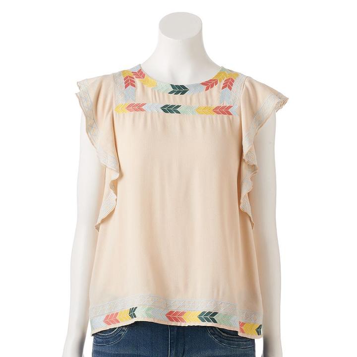 Women's Lc Lauren Conrad Embroidered Ruffle Top, Size: Medium, Natural