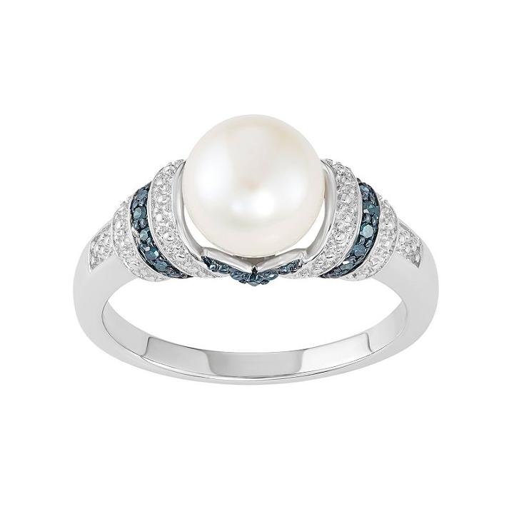 Freshwater Cultured Pearl & Blue Diamond Accent Sterling Silver Striped Ring, Women's, Size: 6