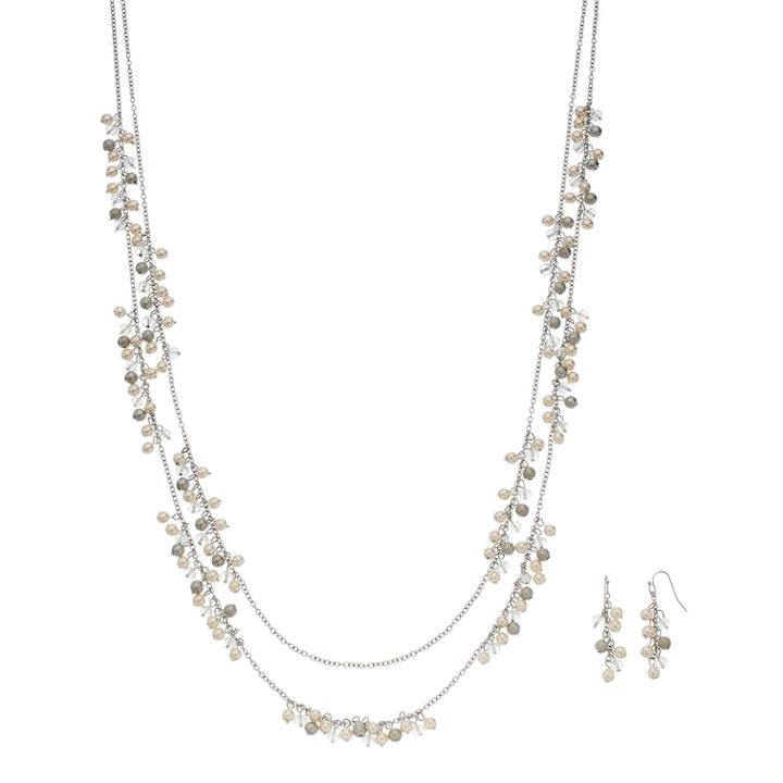 Long Shaky Bead Double Strand Necklace & Linear Earring Set, Women's, White Oth