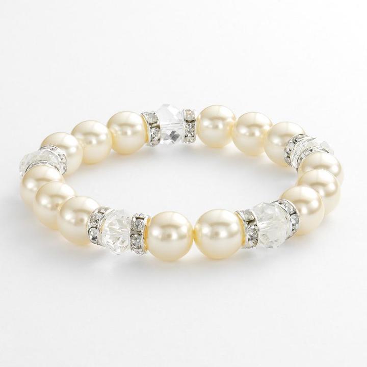 1928 Silver Tone Crystal And Simulated Pearl Stretch Bracelet, Women's, Grey