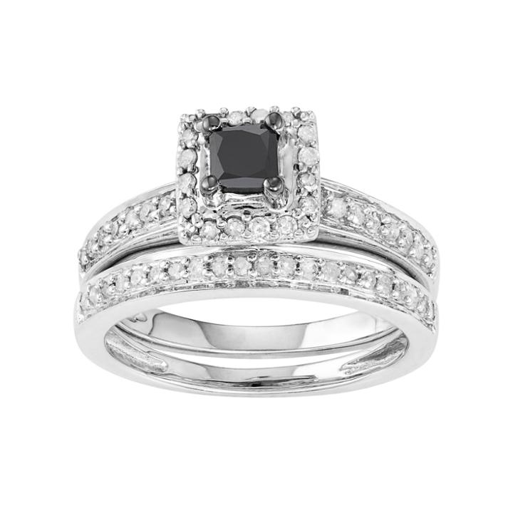 10k White Gold 1/2 Carat T.w. Black & White Diamond Engagement Ring Set, Women's, Size: 7