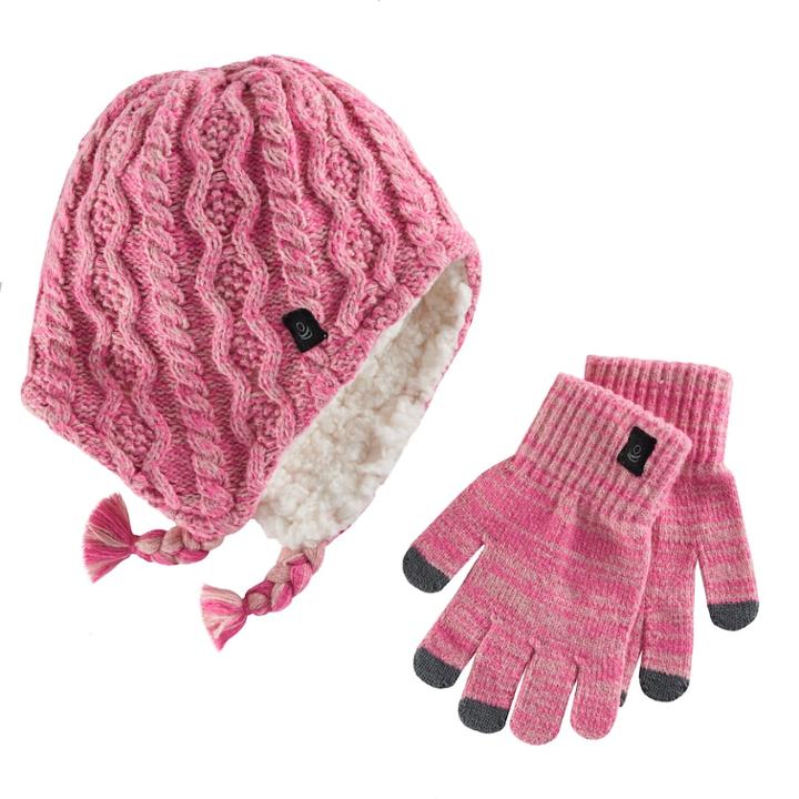 Girls Cuddl Duds Sherpa-lined Cable Knit Hat & Gloves Set, Pink