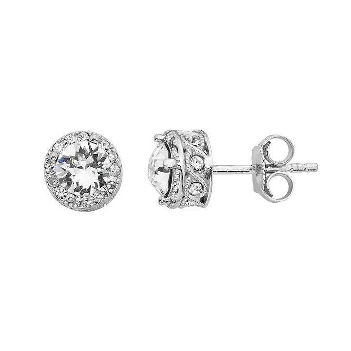 Diamond Essence Sterling Silver Crystal & Diamond Accent Halo Stud Earrings, Women's, White, Durable