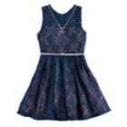 Girls 7-16 Knitworks Belted Lace Skater Dress With Necklace, Size: 14, Blue (navy)