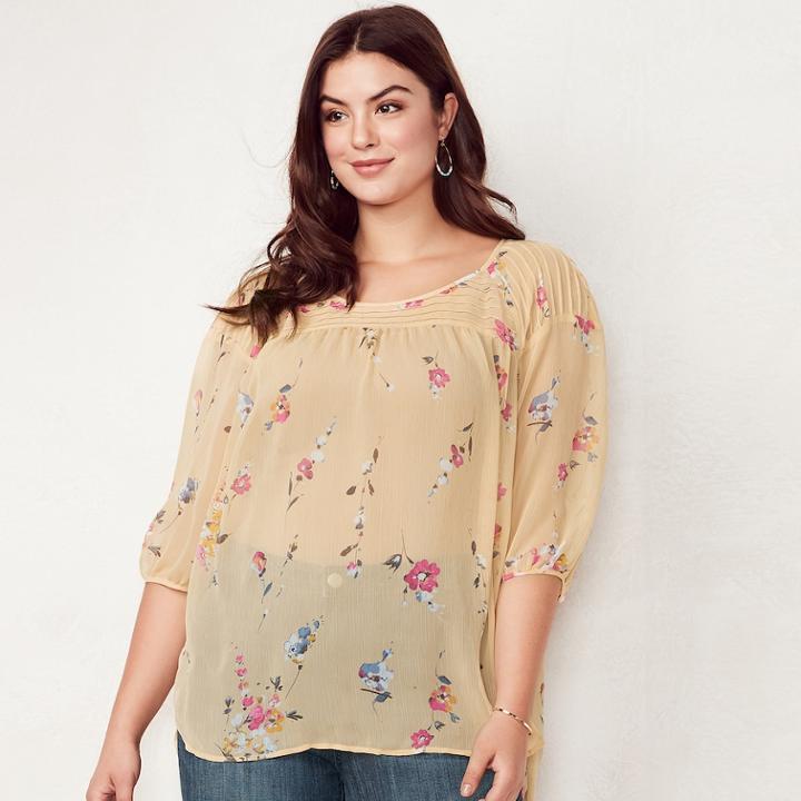 Plus Size Lc Lauren Conrad Printed Chiffon Peasant Top, Women's, Size: 0x, White