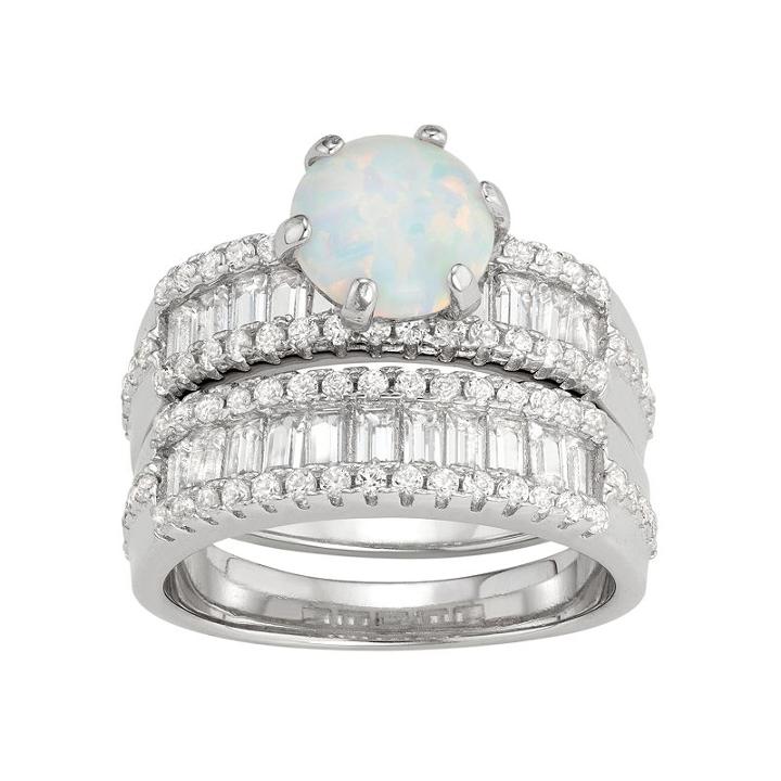 Sterling Silver Lab-created Opal & White Sapphire Ring Set, Women's, Size: 11
