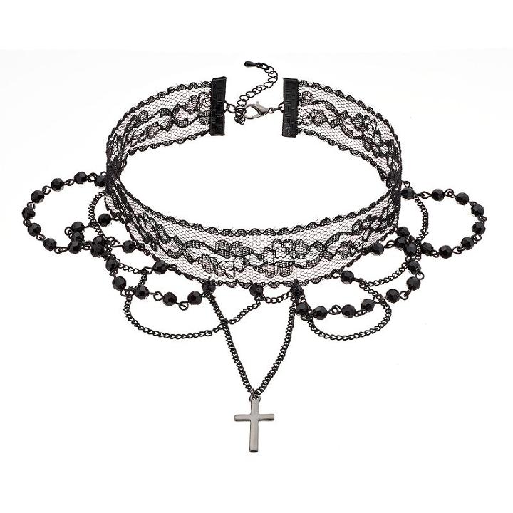 Beaded Lace Cross Charm Choker Necklace, Women's, Black
