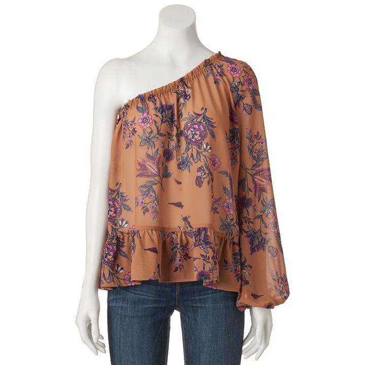 Juniors' Rewind Print One Shoulder Top, Teens, Size: Medium, Gold