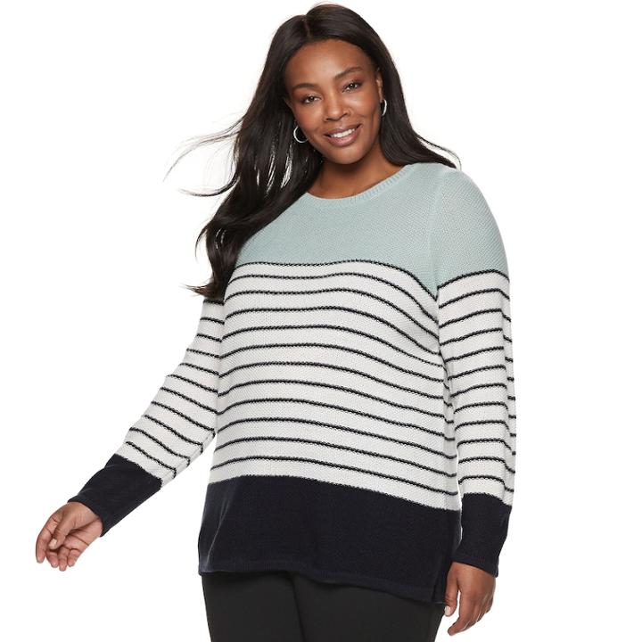 Plus Size Croft & Barrow&reg; Seed-stitch Color Block Crewneck Sweater, Women's, Size: 4xl, Blue