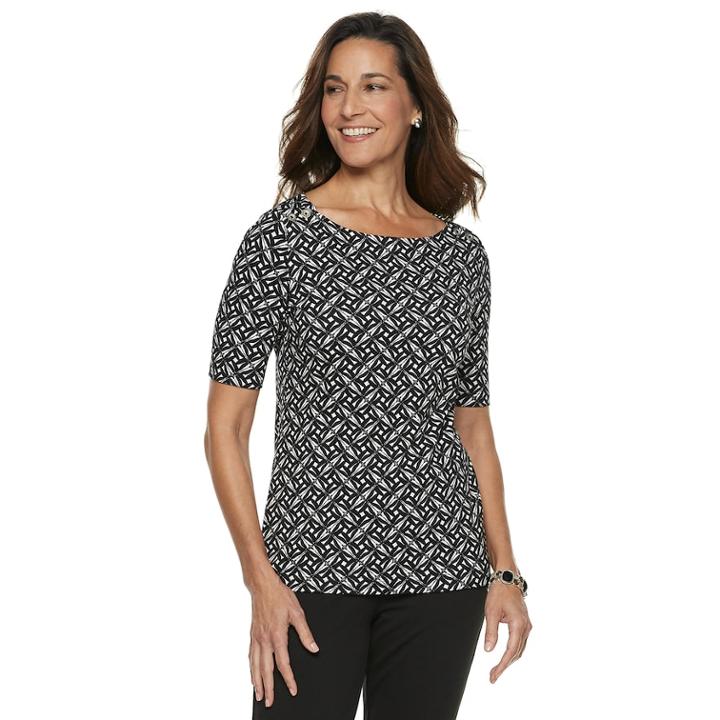 Women's Croft & Barrow&reg; Button-shoulder Boatneck Elbow Sleeve Top, Size: Large, Black