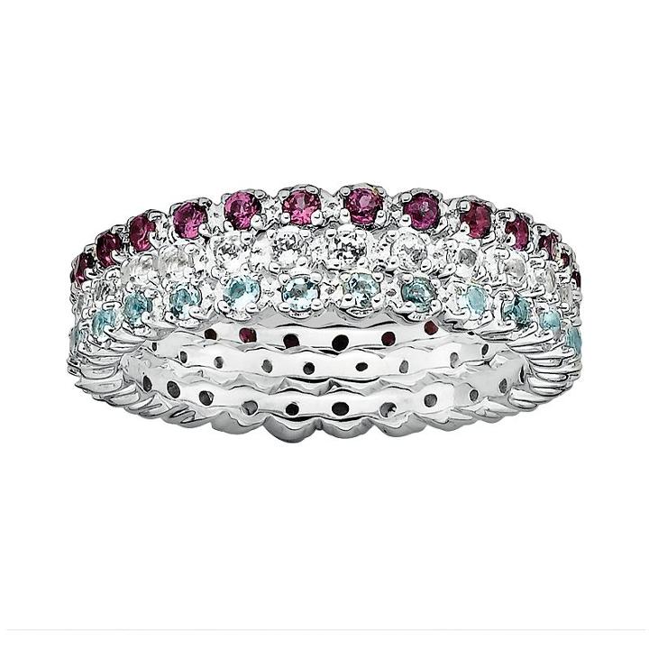 Stacks And Stones Sterling Silver Aquamarine, White Topaz And Rhodolite Garnet Eternity Stack Ring Set, Women's, Size: 10, Multicolor