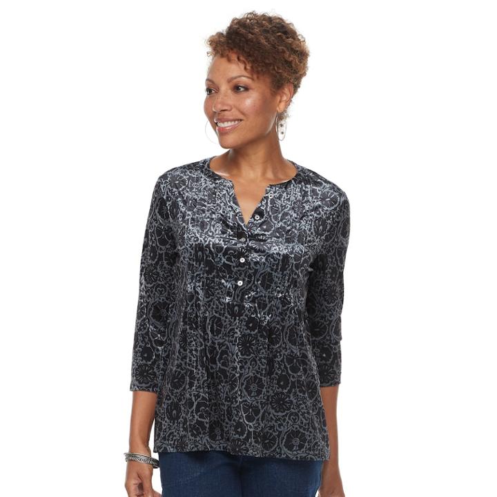 Petite Croft & Barrow&reg; Pleated Velvet Henley Top, Women's, Size: Xl Petite, Black