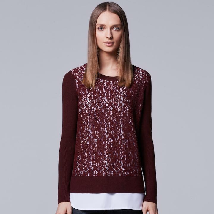 Women's Simply Vera Vera Wang Mock-layer Lace Sweater, Size: Xl, Dark Red