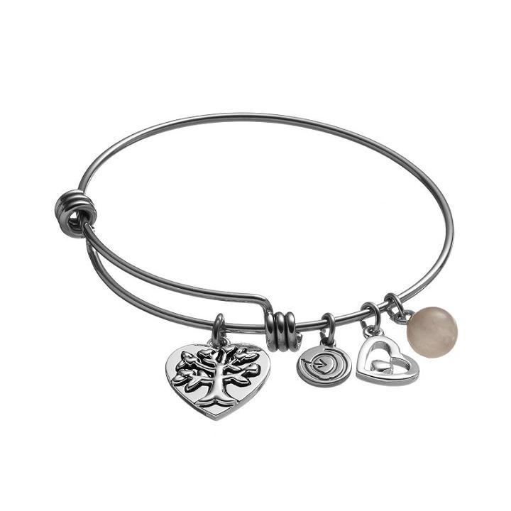 Love This Life Pink Quartz Stainless Steel Family Tree Charm Bangle Bracelet, Women's, Grey