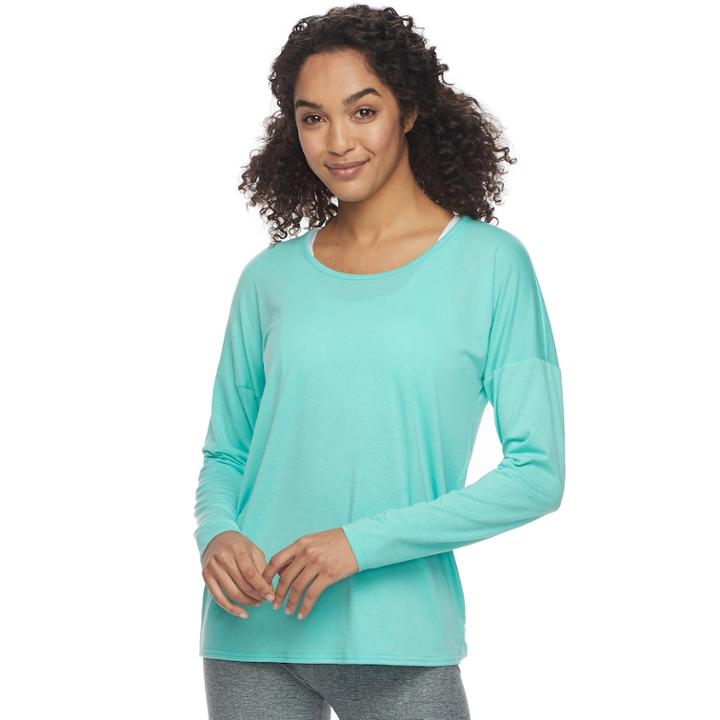 Women's Tek Gear&reg; Drapey Split-back Long Sleeve Tee, Size: Large, Turquoise/blue (turq/aqua)