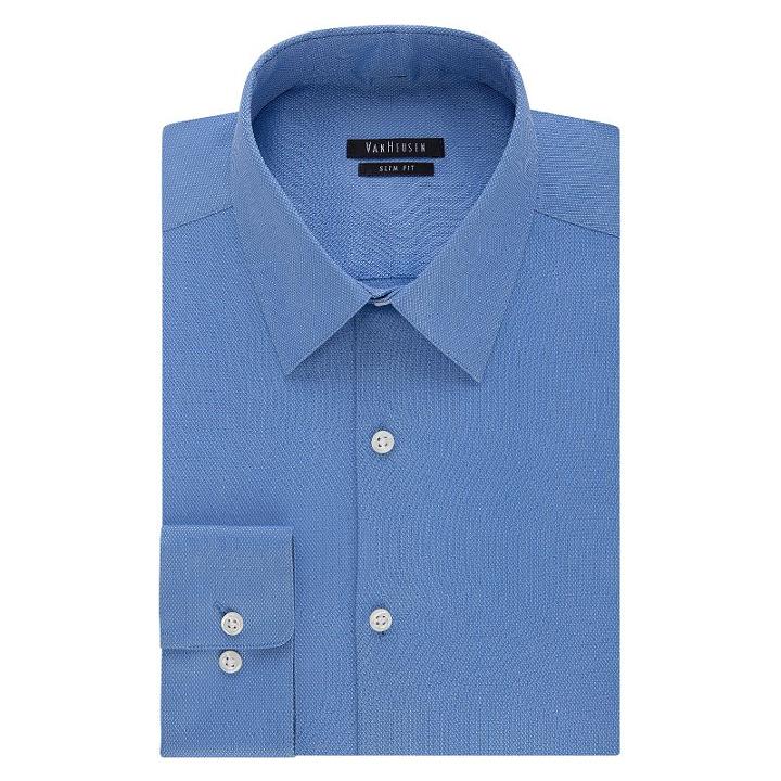 Men's Van Heusen Slim-fit Wrinkle-free Pique Dress Shirt, Size: 17.5-32/33, Blue