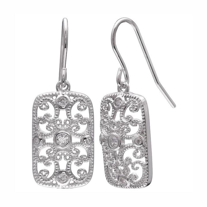 Primrose Sterling Silver Cubic Zirconia Filigree Rectangle Drop Earrings, Women's, White