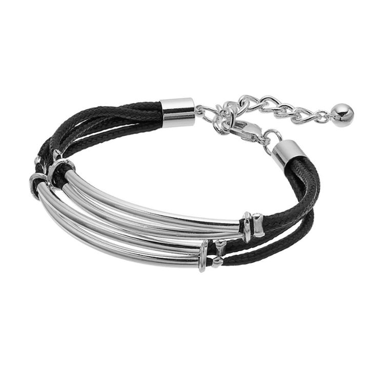 Plus Size Curved Bar Multi Strand Cord Bracelet, Women's, Black
