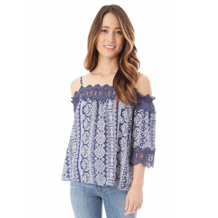 Juniors' Iz Byer Crochet Off-the-shoulder Top, Teens, Size: Xs, Blue Print