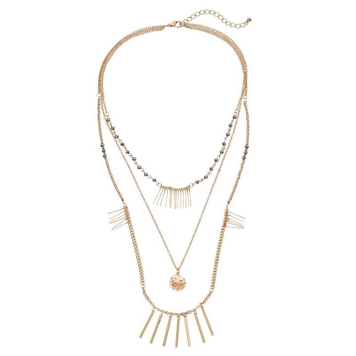 Hammered Disc & Bar Fringe Layered Necklace, Women's, Gold