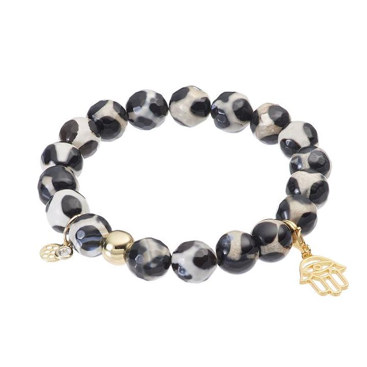 Tfs Jewelry 14k Gold Over Silver Black Agate Bead & Hamsa Charm Stretch Bracelet, Women's, Size: 7