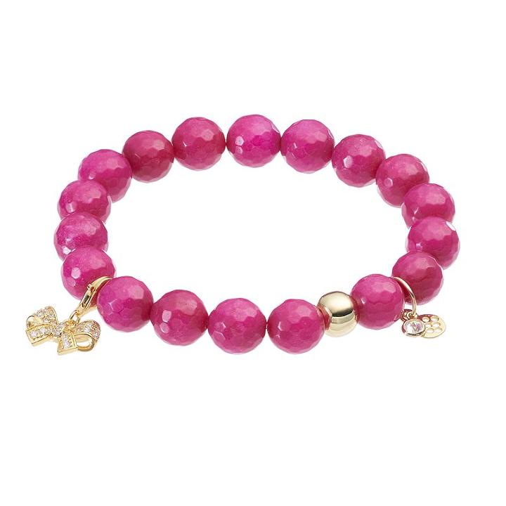 Tfs Jewelry 14k Gold Over Silver Fuchsia Quartz Bead & Cubic Zirconia Bow Charm Stretch Bracelet, Women's, Size: 7, Pink