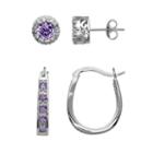 Sterling Silver Amethyst And Diamond Accent U-hoop And Stud Earring Set, Women's, Purple