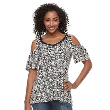 Women's Kate And Sam Ikat Cold-shoulder Top, Size: Medium, Black