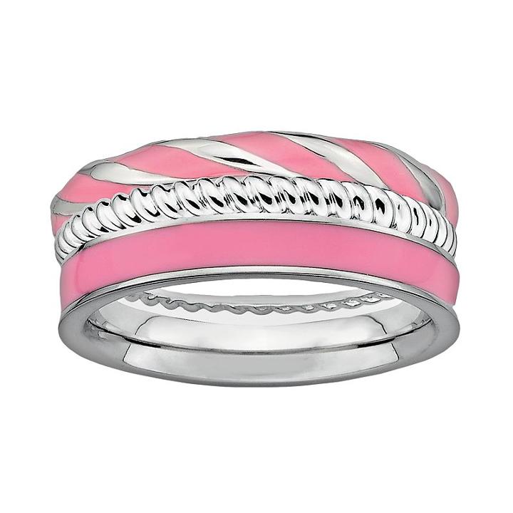 Stacks And Stones Sterling Silver And Pink Enamel Twist Stack Ring Set, Women's, Size: 6