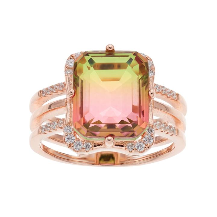 18k Rose Gold Over Silver Watermelon Cubic Zirconia Triple Shank Ring, Women's, Size: 8, Pink