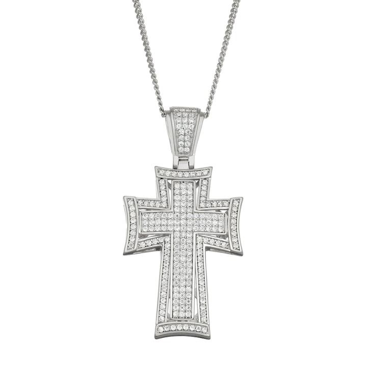 Men's Sterling Silver Cubic Zirconia Outlined Cross Pendant, Size: 20, White
