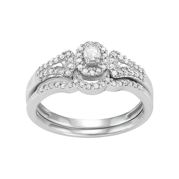 10k White Gold 1/4 Carat T.w. Diamond Halo Engagement Ring Set, Women's, Size: 8