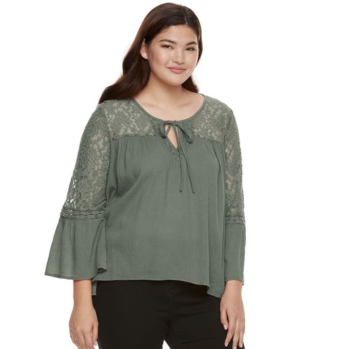 Juniors' Plus Size Mudd&reg; Lace Sleeve Peasant Top, Teens, Size: 1xl, Med Green